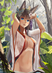 Rule 34 | 1girl, animal ears, bathing, black hair, blue eyes, breasts, butterfly hair ornament, flower, forest, fox ears, groin, hair flower, hair ornament, highres, japanese clothes, large breasts, midriff, miko, nature, navel, open clothes, open shirt, original, rayxray, see-through, shirt, solo, wet, wet clothes, wet hair, wet shirt