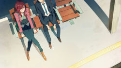 Rule 34 | 1boy, 1girl, aged up, bench, black jacket, black pants, brown footwear, closed mouth, collared shirt, from above, glasses, green sweater, head out of frame, highres, ibaraki shun, ikari shinji, jacket, long hair, looking at another, makinami mari illustrious, necktie, neon genesis evangelion, open clothes, open jacket, pants, pink jacket, red-framed eyewear, red hair, shirt, sitting, smile, striped necktie, sweater, train station, white shirt, wing collar