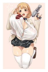 Rule 34 | 10s, 1girl, bouncing breasts, breasts, brown eyes, brown hair, button gap, darkmaya, gun, hair ornament, hairclip, handgun, huge breasts, loafers, looking at viewer, narusawa ryouka, necktie, occultic;nine, open mouth, panties, pantyshot, pink panties, plaid, plaid skirt, school uniform, shirt tucked in, shoes, short hair, simple background, skirt, smile, solo, thighhighs, underwear, weapon, white thighhighs