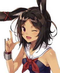 Rule 34 | 1girl, animal ear fluff, animal ears, arm up, ayanon, azur lane, bow, brown hair, rabbit ears, commentary request, dark skin, dark-skinned female, ear ribbon, highres, i-26 (azur lane), index finger raised, one-piece swimsuit, one eye closed, open mouth, red eyes, sailor collar, short hair, simple background, smile, solo, strapless, strapless one-piece swimsuit, swimsuit, upper body, white background