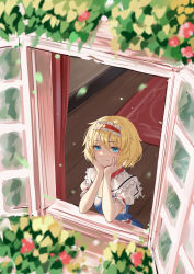 Rule 34 | 1girl, absurdres, ailu elf, alice margatroid, belt, blonde hair, blue dress, blue eyes, blush, breasts, capelet, carpet, chinese commentary, closed mouth, collared shirt, commentary request, curtains, dress, floor, flower, frills, grey capelet, grey shirt, hair between eyes, hairband, hands on own face, hands up, highres, leaf, lolita hairband, looking at viewer, medium breasts, necktie, pink flower, puffy short sleeves, puffy sleeves, red belt, red flower, red hairband, red necktie, shirt, short hair, short sleeves, smile, solo, standing, touhou, wall, window, yellow flower