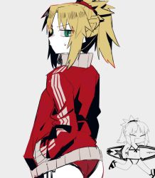Rule 34 | 1girl, ass, bad id, bad twitter id, bikini, blonde hair, fate/apocrypha, fate/grand order, fate (series), green eyes, highres, jacket, long hair, mordred (fate), mordred (fate/apocrypha), mordred (swimsuit rider) (first ascension) (fate), ponytail, solo, swimsuit, track jacket, uotsu (sabakou)
