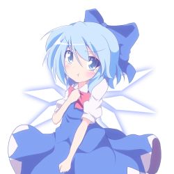 Rule 34 | 1girl, blue dress, blue eyes, blue hair, blush, bow, cirno, do (4-rt), dress, hair bow, hand on own chest, ice, ice wings, looking at viewer, matching hair/eyes, pout, puffy sleeves, shirt, short sleeves, simple background, solo, tears, touhou, white background, wings