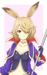 Rule 34 | 1girl, absurdres, althemia, animal ears, atorie, blonde hair, breasts, closed mouth, dragalia lost, hair over one eye, highres, holding, holding staff, long hair, looking at viewer, medium breasts, navel, pink background, rabbit ears, red eyes, short hair, smile, solo, staff, upper body