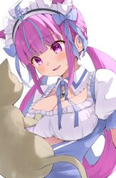 Rule 34 | 1girl, ahoge, anchor symbol, animal ear fluff, animal ears, blue hair, blue ribbon, blunt bangs, blush, breasts, cat, cat ears, cat girl, cleavage, collar, colored inner hair, extra ears, hair ribbon, highres, hitsujisnow, hololive, large breasts, long hair, looking at another, looking down, maid headdress, minato aqua, minato aqua (1st costume), multicolored hair, open mouth, purple eyes, purple hair, ribbon, sidelocks, streaked hair, sweatdrop, twintails, two-tone hair, upper body, virtual youtuber, white background, white collar