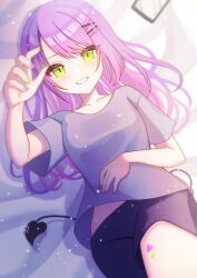 Rule 34 | 1girl, absurdres, alternate costume, cellphone, demon tail, green eyes, grin, hair ornament, hairclip, heart, highres, hololive, leg tattoo, light particles, long hair, looking at viewer, lying, midriff peek, multicolored nails, nail polish, on back, open mouth, phone, purple hair, reaching, reaching towards viewer, shirt, short sleeves, shorts, smartphone, smile, solo, t-shirt, tail, tattoo, tokoyami towa, tsumurimai, very long hair, virtual youtuber