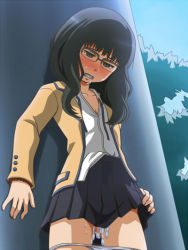 Rule 34 | 10s, 1girl, aftersex, against wall, awa, black hair, black rock shooter, blush, clenched teeth, clothes lift, cum, cum in pussy, cum on body, cum on lower body, facial, flat chest, glasses, green eyes, long hair, looking down, open mouth, panties, panty pull, pleated skirt, school uniform, skirt, skirt lift, solo, takanashi yomi, teeth, underwear, white panties