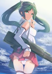 Rule 34 | 10s, 1girl, ass, cloud, detached sleeves, green eyes, green hair, isuzu (kancolle), kameponde, kantai collection, long hair, looking at viewer, matching hair/eyes, panties, skirt, smile, solo, thighhighs, twintails, underwear