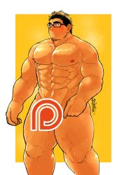 Rule 34 | 1boy, abs, bara, black-framed eyewear, black hair, blush, censored, completely nude, facial hair, feet out of frame, higemorigen, highres, large pectorals, looking to the side, male focus, muscular, navel, nipples, nude, original, patreon logo, pectorals, sauna, short hair, simple background, solo, stubble, sweat, thick eyebrows, thick thighs, thighs