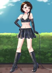 Rule 34 | :d, bare shoulders, black footwear, black gloves, black skirt, blush, boots, breasts, brown eyes, brown hair, bush, elbow gloves, full body, gloves, high heel boots, high heels, highres, holding, holding whip, looking at viewer, miniskirt, nisekoi, nuppunuppu, onodera kosaki, open mouth, pleated skirt, skirt, small breasts, smile, standing, stomach, tongue