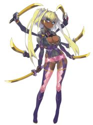 Rule 34 | 1girl, blonde hair, blue eyes, blush, breasts, cleavage, commentary, dark-skinned female, dark skin, extra arms, female focus, full body, garter straps, hair ornament, highres, holding, holding sword, holding weapon, huge breasts, leotard, long hair, looking at viewer, mechanical arms, namaniku atk, single mechanical arm, solo, sword, taimanin (series), taimanin asagi kessen arena, taimanin suit, thighhighs, twintails, unzipped, wakizashi, weapon, white background, x hair ornament, yomi akitsu