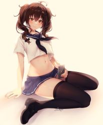 Rule 34 | 1girl, ahoge, black footwear, black thighhighs, blue skirt, brown hair, commission, crop top, crop top overhang, hair ornament, hairclip, highres, holding, liremi, loafers, long hair, looking at viewer, midriff, miniskirt, navel, neckerchief, original, phone, pleated skirt, red eyes, revealing clothes, sailor collar, school uniform, serafuku, shirt, shoes, short sleeves, simple background, sitting, skirt, smile, smug, solo, stomach, thighhighs, thighs, twintails, v-shaped eyebrows, wariza, white background, white shirt, zettai ryouiki
