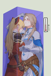 Rule 34 | 2girls, absurdres, arm up, armor, belt, belt buckle, black bow, blonde hair, blue cape, bow, breastplate, breasts, brown belt, brown hair, buckle, cape, closed mouth, dress, gauntlets, granblue fantasy, grey background, hair bow, hair intakes, highres, katalina (granblue fantasy), long hair, looking down, looking up, medium breasts, miso-ha (ukyuu), multiple girls, ponytail, red bow, red dress, red eyes, shoulder armor, straight hair, sweatdrop, two-tone bow, vira (granblue fantasy), yuri