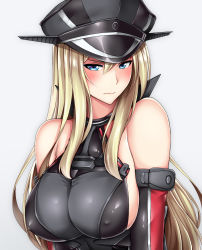 Rule 34 | 1girl, anchor, bare shoulders, bismarck (kancolle), blonde hair, blue eyes, breasts, detached sleeves, grey background, grey hat, hat, highres, kantai collection, kome cola, large breasts, long hair, military, military hat, military uniform, peaked cap, solo, uniform, upper body