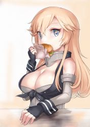 Rule 34 | 10s, 1girl, bare shoulders, beige background, black gloves, blonde hair, blue eyes, breasts, burger, cleavage, eating, eyelashes, fingerless gloves, food, food in mouth, front-tie top, gloves, haru (renol), highres, holding, holding food, iowa (kancolle), kantai collection, large breasts, long hair, looking at viewer, solo, star-shaped pupils, star (symbol), symbol-shaped pupils, unbuttoned, upper body, wrist cuffs