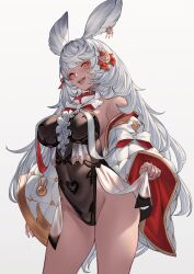 Rule 34 | 1girl, ;d, absurdres, animal ears, bare shoulders, black leotard, blush, bow, bowtie, breasts, clothes lift, covered navel, cowboy shot, dark-skinned female, dark skin, detached sleeves, erune, frills, granblue fantasy, groin, hair ornament, highleg, highleg leotard, highres, large breasts, leotard, lialight, lifted by self, long hair, long sleeves, looking at viewer, makura (granblue fantasy), nontraditional playboy bunny, one eye closed, open clothes, open mouth, orange eyes, see-through, see-through leotard, see-through skirt, simple background, skirt, smile, solo, standing, teeth, thighs, upper teeth only, very long hair, white hair, wide sleeves