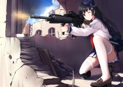 Rule 34 | 1girl, ;), absurdres, allenes, artist name, bag, battle rifle, beret, black footwear, black hair, blue eyes, blue hat, blue skirt, blue sky, building, bullet hole, closed mouth, cloud, day, emblem, firing, gun, hat, highres, holding, holding gun, holding weapon, knee pads, loafers, long hair, long sleeves, on one knee, one eye closed, original, outstretched arm, pleated skirt, rifle, ruins, school uniform, serafuku, shirt, shoes, signature, skirt, sky, smile, sniper rifle, solo, thighhighs, very long hair, weapon, white shirt, white thighhighs, window, zettai ryouiki