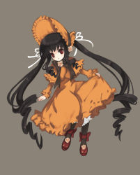 Rule 34 | 00s, 1girl, :o, alternate color, black hair, black pantyhose, bonnet, brown background, capelet, dress, drill hair, flower, full body, lolita fashion, long hair, long sleeves, orange capelet, orange dress, pantyhose, pink flower, pink rose, red eyes, red footwear, rose, rozen maiden, shinku, shiratama shima, shoes, sidelocks, simple background, skirt hold, solo, twin drills, twintails, very long hair