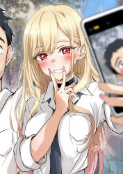Rule 34 | 1boy, 1girl, between breasts, black choker, black hair, black necktie, blonde hair, blurry, blush, breasts, cellphone, choker, collared shirt, commentary, day, depth of field, ear piercing, earrings, eyelashes, eyes visible through hair, fingernails, gojou wakana, gradient hair, grin, gyaru, hair between eyes, hetero, highres, holding, holding phone, hoop earrings, jewelry, kitagawa marin, large breasts, long fingernails, long hair, long sleeves, looking at viewer, multicolored hair, nail polish, necktie, necktie between breasts, orange hair, outdoors, phone, piercing, pink nails, red eyes, selfie, shirt, short hair, sidelocks, signature, smartphone, smile, solo focus, sono bisque doll wa koi wo suru, sparkle, stud earrings, upper body, usami (50-point caliper), v, v over mouth, very long hair, white shirt