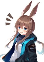 Rule 34 | 1girl, :d, absurdres, amiya (arknights), animal ear fluff, animal ears, arknights, black jacket, blue eyes, blush, breasts, brown hair, grey neckwear, hair between eyes, highres, jacket, long hair, long sleeves, looking at viewer, low ponytail, mizu (lzzrwi603), notice lines, open clothes, open jacket, open mouth, ponytail, rabbit ears, shirt, sidelocks, simple background, small breasts, smile, solo, upper body, very long hair, white background, white shirt