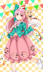 Rule 34 | 1girl, bow, bubble skirt, cake, confetti, daichi (tokoya), eating, expressionless, food, food bite, food on face, fruit, hata no kokoro, highres, long hair, long sleeves, looking at viewer, mask, mouth mask, navel, pink eyes, pink hair, plate, raised fist, shirt, skirt, solo, standing, standing on one leg, strawberry, grid background, tokoya, touhou, very long hair, wide sleeves