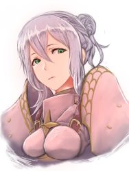 Rule 34 | 1girl, armor, boobplate, breastplate, closed mouth, crossed bangs, effie (fire emblem), fire emblem, fire emblem fates, green eyes, hair between eyes, hair bun, highres, looking at viewer, nintendo, pink armor, pocari66, simple background, single hair bun, solo, upper body, white background
