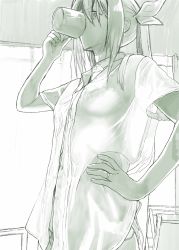 Rule 34 | 10s, 1girl, buttons, collared shirt, commentary, cup, curtains, drinking, green theme, hair between eyes, hair ribbon, hand on own hip, highres, holding, holding cup, jewelry, kantai collection, long hair, looking at viewer, monochrome, panties, ribbon, ring, see-through silhouette, shirt, short sleeves, solo, t-shirt, tone (kancolle), twintails, unbuttoned, unbuttoned shirt, underwear, upper body, wedding band, yami (m31)