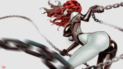Rule 34 | 1girl, ass, asymmetrical clothes, breasts, chain, character request, elbow gloves, female focus, from behind, gloves, large breasts, long hair, md5 mismatch, red hair, resized, signature, solo, whip, yd (orange maru)