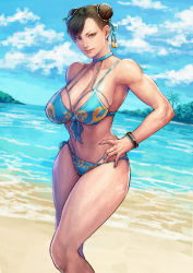 Rule 34 | 1girl, absurdres, bare shoulders, beach, bikini, blue sky, bracelet, breasts, brown eyes, brown hair, capcom, chun-li, cirenk, cleavage, closed mouth, cloud, cloudy sky, collarbone, commentary request, double bun, earrings, fingernails, hair bun, hair ornament, hand on own hip, highleg, highleg bikini, highres, jewelry, lips, looking at viewer, makeup, nail polish, navel, ocean, outdoors, shore, simple background, sky, smile, solo, stomach, street fighter, street fighter ii (series), swimsuit, thighs, water