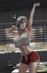 Rule 34 | 1girl, abs, alarm clock, armpits, artist name, ashtray, banned artist, blue eyes, breasts, charging device, cigarette, cleavage, clock, commentary, cowboy shot, digital clock, english commentary, eyepatch, genkai zero, grey hair, highres, id card, indoors, large breasts, looking at viewer, navel, original, parted lips, phone, shorts, sideboob, solo, standing, teeth, valestina (genkai zero), waking up, watermark, window