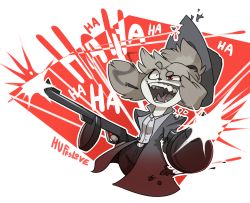 Rule 34 | 1girl, alternate costume, animal crossing, animal ears, artist name, belt, black hat, black pants, breasts, bullet hole, cigarette, coat, cowboy shot, crazy eyes, dog ears, dual wielding, english text, fangs, female focus, firing, furry, furry female, grey coat, gun, hair tie, half-closed eye, hands up, happy, hat, highres, holding, holding gun, holding weapon, huffslove, isabelle (animal crossing), laughing, long sleeves, nintendo, open mouth, outline, pants, raised eyebrow, red background, red eyes, sepia, sharp teeth, shirt, short hair, signature, simple background, small breasts, smile, smoke, solo, standing, submachine gun, teeth, thompson submachine gun, tongue, topknot, two-tone background, uneven eyes, weapon, white outline, white shirt