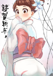 Rule 34 | 10s, 1girl, alternate costume, alternate hairstyle, blush, boku no hero academia, brown eyes, brown hair, commentary request, covering own mouth, dot nose, flower, from behind, hair flower, hair ornament, hand to own mouth, heart, japanese clothes, kimono, long sleeves, looking at viewer, looking back, pantylines, ponytail, red ribbon, ribbon, short hair, solo, translation request, upper body, uraraka ochako, white flower, white kimono, zd (pixiv6210083)