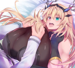 Rule 34 | 1girl, asahi (fullmetal madness), bare shoulders, black dress, blonde hair, breasts, dress, barghest (fate), barghest (second ascension) (fate), fate/grand order, fate (series), green eyes, heterochromia, horns, large areolae, large breasts, long hair, red eyes