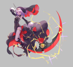 Rule 34 | 1girl, absurdres, bare shoulders, black footwear, black sleeves, boots, breasts, detached sleeves, dress, grey background, habit, highres, holding, holding scythe, knee boots, long hair, looking at viewer, nun, original, purple eyes, purple hair, scythe, side slit, smile, solo, striped clothes, striped dress, sylvia (huajiuhuajiu), thighhighs, two-sided fabric, vertical-striped clothes, vertical-striped dress, white thighhighs, wide sleeves