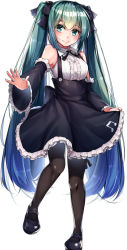 Rule 34 | 1girl, absurdres, black bow, black footwear, black pantyhose, black ribbon, black skirt, black sleeves, blue hair, blush, bow, closed mouth, detached sleeves, dress shirt, frilled skirt, frilled sleeves, frills, gradient hair, green eyes, green hair, hair between eyes, hair bow, hatsune miku, highres, long hair, long sleeves, looking at viewer, marutenmaruten, mary janes, miniskirt, multicolored hair, neck ribbon, pantyhose, ribbon, shirt, shoes, simple background, skirt, skirt hold, sleeveless, sleeveless shirt, smile, solo, standing, suspender skirt, suspenders, twintails, very long hair, vocaloid, white background, white shirt