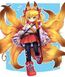 Rule 34 | 1girl, alternate costume, animal ears, ankle boots, black pantyhose, blonde hair, blue background, blue eyes, blush, boots, closed mouth, cross-laced footwear, doitsuken, flying sweatdrops, fox ears, fox tail, full body, hair ornament, hair ribbon, hairclip, jacket, katana, kemomimi oukoku kokuei housou, kitsune, long sleeves, mikoko (kemomimi oukoku kokuei housou), multiple swords, multiple tails, outline, pantyhose, pink jacket, pom pom (clothes), red footwear, red ribbon, red scarf, red skirt, ribbon, scarf, short hair, simple background, skirt, solo, standing, standing on one leg, sword, tail, virtual youtuber, weapon, white outline
