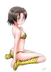 Rule 34 | 1girl, absurdres, animal print, artist name, bare shoulders, bikini, blush, boots, breasts, brown eyes, brown hair, butt crack, closed mouth, commentary, cone horns, cosplay, from side, frown, fur bikini, girls und panzer, hand on own chest, highres, hiyama yuu (wee259hiyama), horns, looking at viewer, looking back, lum, lum (cosplay), parted bangs, print bikini, print footwear, sawa azusa, short hair, signature, simple background, sitting, small breasts, solo, strapless, strapless bikini, swimsuit, tiger print, urusei yatsura, wariza, white background, yellow bikini, yellow footwear