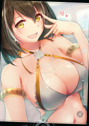 Rule 34 | 1girl, :d, arknights, armlet, bare shoulders, bikini, black hair, breasts, commentary request, criss-cross halter, dermar, grey bikini, hair between eyes, halterneck, hand up, heart, highres, large breasts, looking at viewer, magallan (arknights), multicolored hair, navel, open mouth, short hair, smile, solo, stomach, streaked hair, swimsuit, upper body, yellow eyes