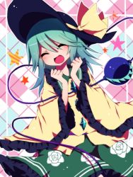 Rule 34 | 1girl, ^ ^, argyle, argyle background, argyle clothes, black hat, buttons, closed eyes, commentary request, cowboy shot, floral print, frilled shirt collar, frilled skirt, frilled sleeves, frills, green hair, green skirt, hair between eyes, hat, hat ribbon, komeiji koishi, multicolored background, open mouth, ribbon, shirt, skirt, smile, solo, star (symbol), third eye, touhou, wide sleeves, yellow ribbon, yellow shirt, you (noanoamoemoe)