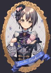 Rule 34 | 1girl, artist name, black background, black eyes, black gloves, blush, brooch, character name, closed mouth, dress, earrings, floral print, flower, flower ornament, frilled sleeves, frills, gloves, grey hair, hair ornament, half gloves, hand on own chest, highres, idolmaster, idolmaster cinderella girls, idolmaster cinderella girls starlight stage, jewelry, looking at viewer, meisa, otokura yuuki, picture frame, pink flower, pink rose, plaid, plaid background, reaching, reaching towards viewer, rose, short hair, smile, solo, through medium, through painting