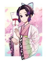 Rule 34 | 1girl, asanabe, border, butterfly hair ornament, cherry blossoms, closed mouth, day, female focus, hair intakes, hair ornament, hand up, haori, happy, highres, holding, japanese clothes, kimetsu no yaiba, kimono, kochou shinobu, long sleeves, looking at viewer, matching hair/eyes, obi, outdoors, outside border, petals, pink background, pink kimono, purple eyes, purple hair, sash, short hair, smile, solo, tree, upper body, weapon bag, white border, wide sleeves