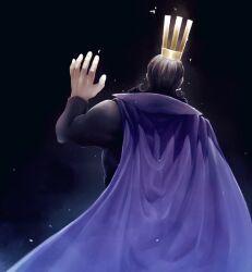 Rule 34 | 1boy, black background, black hair, cape, commentary request, crown, desha (ousama ranking), facing away, from behind, hand up, highres, long sleeves, male focus, ousama ranking, purple cape, solo, upper body, waataaanaaaaabe