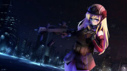 Rule 34 | 1girl, absurdres, assault rifle, bismarck (kancolle), blonde hair, blue eyes, brown gloves, building, chest rig, city, city lights, cityscape, commission, commissioner upload, crr001, detached sleeves, glasses, gloves, gun, h&amp;k g36, heckler &amp; koch, helmet, highres, holding, holding gun, holding magazine (weapon), holding weapon, kantai collection, load bearing vest, long hair, magazine (weapon), magazine ejection, military, combat helmet, military uniform, night, non-web source, outdoors, bulletproof vest, reloading, rifle, snowing, solo, standing, uniform, weapon