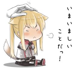 Rule 34 | &gt;:&lt;, 10s, 1girl, :&lt;, angry, animal ears, black pantyhose, black skirt, blank eyes, blonde hair, blush, capelet, chibi, closed mouth, dog ears, dog tail, full body, gloves, graf zeppelin (kancolle), hair between eyes, hands on legs, hat, higeno shinshi, kantai collection, kemonomimi mode, long hair, lowres, military, military uniform, mini person, minigirl, miniskirt, pantyhose, peaked cap, sitting, skirt, solo focus, tail, thighhighs, translation request, twintails, uniform, v-shaped eyebrows, white background, white gloves