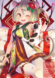 Rule 34 | 1girl, 2020, animal, animal ears, blonde hair, breasts, cat, dress, female focus, flower, hair flower, hair ornament, hairclip, happy new year, highres, mitake eil, mouse (animal), mouse ears, mouse tail, multicolored hair, nail polish, new year, one eye closed, open mouth, original, short hair, small breasts, solo, tail