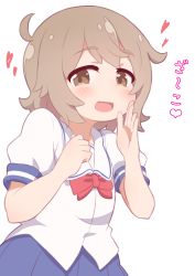 Rule 34 | 1girl, :d, ahoge, blue skirt, blush, bow, bowtie, brown eyes, clenched hand, commentary request, hands up, hatafuta, heart, konomori kanon, light brown hair, looking at viewer, open mouth, pleated skirt, puffy short sleeves, puffy sleeves, red bow, red bowtie, sailor collar, school uniform, serafuku, shirt, short hair, short sleeves, simple background, skirt, smile, solo, standing, translation request, watashi ni tenshi ga maiorita!, white background, white sailor collar, white shirt
