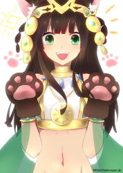 Rule 34 | 1girl, :d, animal ears, animal hands, bastet (p&amp;d), brown hair, cat ears, cat paws, green eyes, jewelry, lots of jewelry, midriff, navel, open mouth, puzzle &amp; dragons, smile, yoshidau