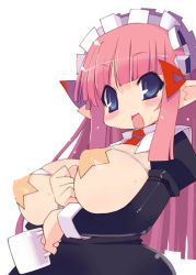 Rule 34 | 1girl, blue eyes, breasts, disgaea, covered erect nipples, large breasts, mage (disgaea), maid, maid headdress, open mouth, original, pasties, pink hair, pointy ears, solo, zankuro