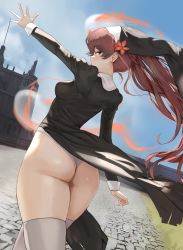 Rule 34 | 1girl, absurdres, alternate ass size, alternate costume, ass, ass focus, bad id, bad pixiv id, black dress, breasts, brown hair, dolri, dress, fire, flower, from behind, genshin impact, habit, hair flower, hair ornament, half-closed eyes, highres, hu tao (genshin impact), long hair, looking at viewer, looking back, medium breasts, nun, panties, red eyes, shiny clothes, shiny skin, sideboob, skin tight, solo, thick thighs, thighhighs, thighs, thong, twintails, underwear, very long hair