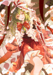Rule 34 | 1girl, :d, absurdres, arm support, blurry, blurry background, blurry foreground, bow, cross-laced clothes, dress, eyebrows hidden by hair, feet out of frame, frills, front ponytail, green eyes, green hair, hair bow, hair ribbon, highres, kagiyama hina, knee up, leaning back, light blush, long hair, open mouth, partially submerged, petals, petticoat, red bow, red dress, red ribbon, ribbon, signature, sitting, smile, solo, totomiya, touhou, water
